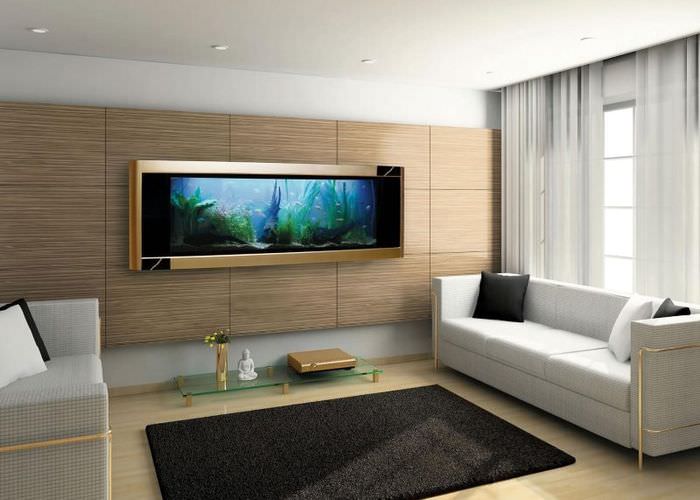 Интерьер гостиной с изображением аквариума на стене