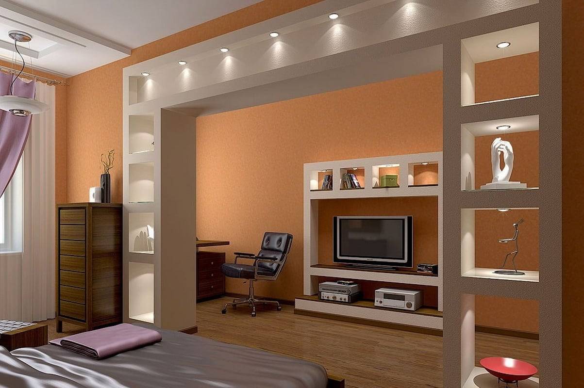 Стены из гипсокартона — 3d дизайн в зале с подсветкой и без, красивые полукруглые формы над окном или дверным проемом, варианты отделки